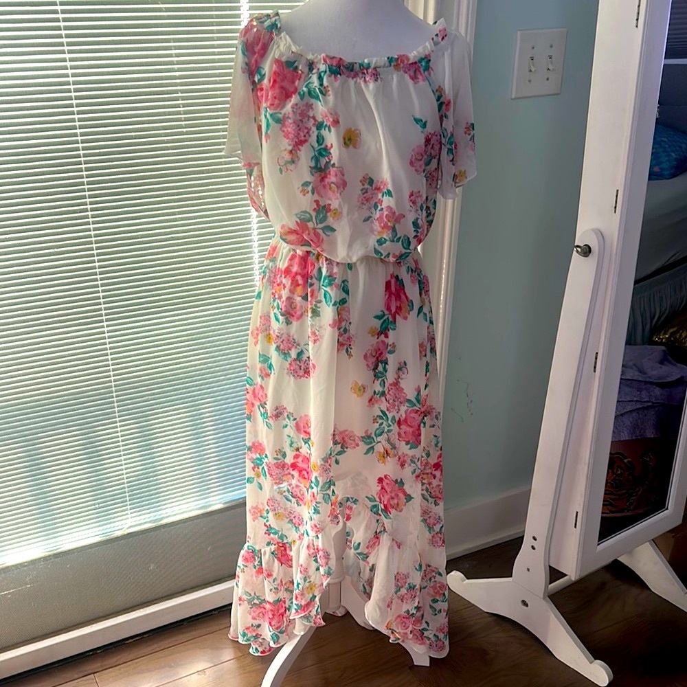 White and Pink Asymmetrical Ruffled Maxi Sundress